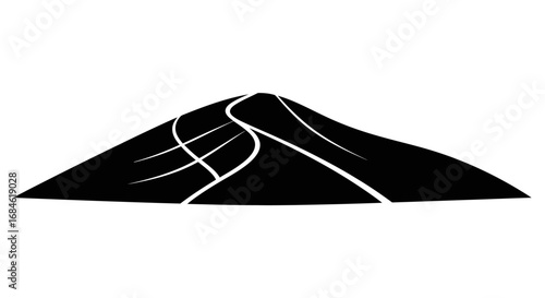 abstract mountain peak with winding roads, black silhouette, nature icon, hilltop view, graphic design element