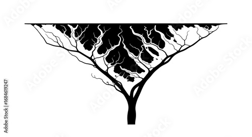 abstract tree silhouette, black ink, branches, nature, minimalist, graphic design element, artistic, elegant, stylish, upsidedown tree, inverted tree, dark tree, monochrome, simple tree