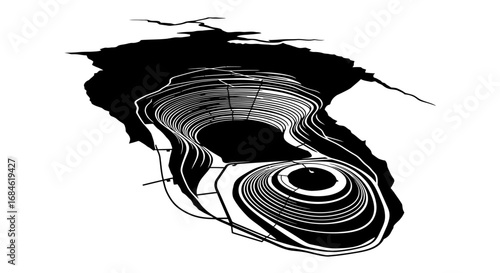 aerial view of open pit mine, circular mining pattern, industrial extraction, black and white illustration