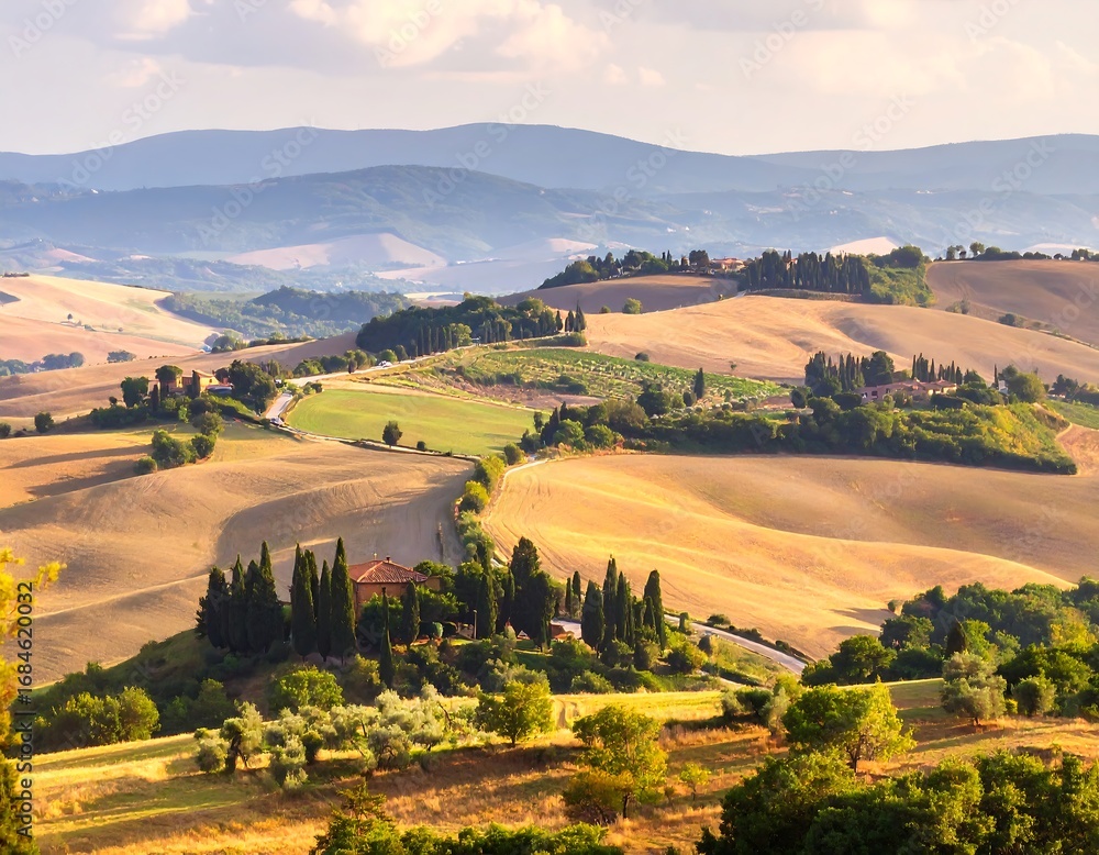 Obraz premium Rolling hills, sun-drenched landscape