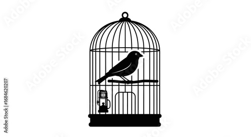 bird in a cage vintage birdcage silhouette, captive canary, black and white illustration