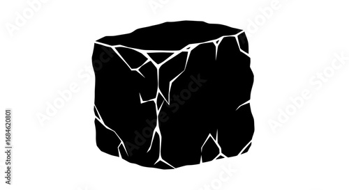 black cracked cube, rough stone, geometric shape, dark rock, mysterious object, solid block, abstract design element, 3d model