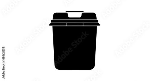 black plastic trash can icon, waste container, garbage bin, recycling symbol, disposal, refuse, silhouette, simple design