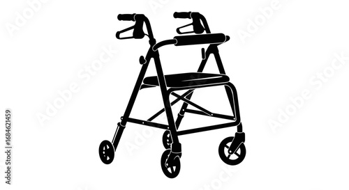 black rolling walker silhouette medical equipment, senior mobility aid, healthcare, elderly support