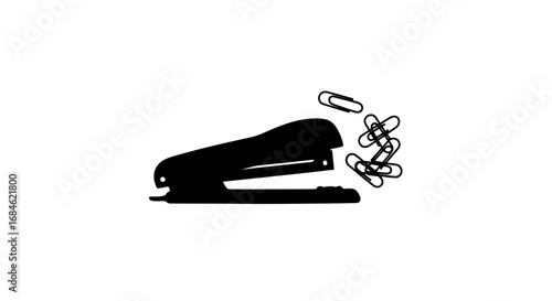 black silhouette stapler and paperclips, office supplies, stationery, simple design, minimal style, work concept