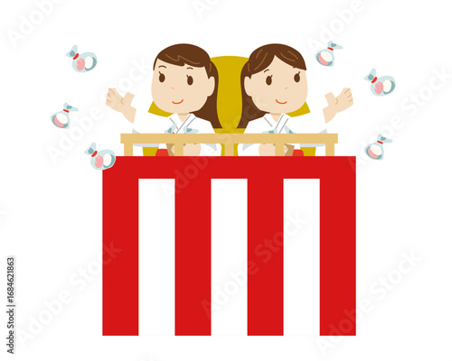 やぐらの上で餅まきをする巫女さんのイラスト