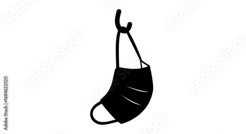 black surgical mask hanging, simple icon, healthcare, protection, safety, medical, minimalist design, prevention, hygiene