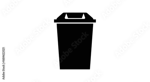 black trash can icon, recycling bin symbol, waste container, garbage disposal, clean simple design
