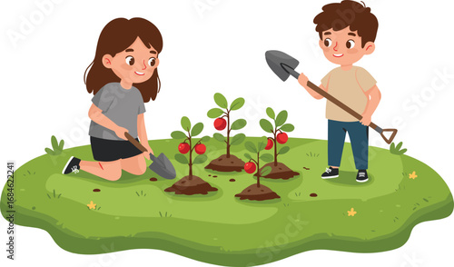Cartoon children planting vegetables with shovel in garden, kids learning gardening and farming with tomato plants in outdoor green space.