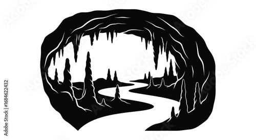cave entrance, stalactites, river, mysterious, dark, underground, nature, secluded, hidden, black and white illustration