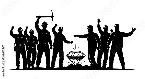celebrating miners silhouette diamond discovery, teamwork, success, achievement