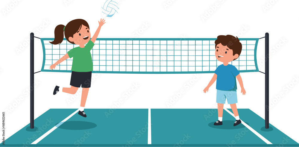 Fototapeta premium Cartoon children playing volleyball on court, girl serving ball over net, fun sports activity for kids in outdoor game setting.