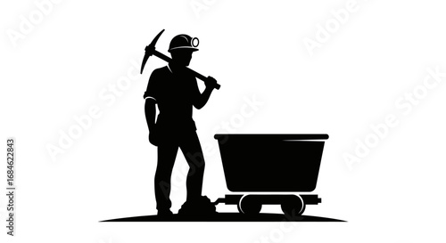 coal miner silhouette with pickaxe and mine cart hard work, labor, industry
