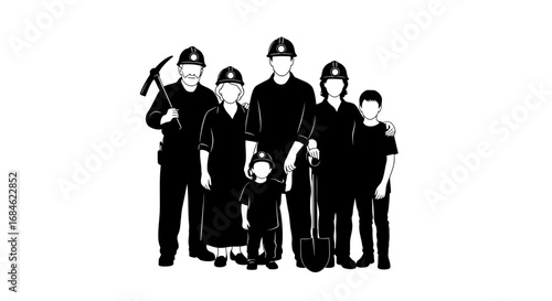 coal miners family portrait silhouette of a united mining family, hardworking and strong
