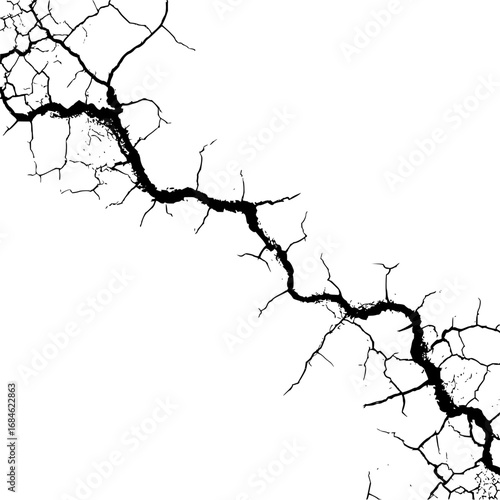 Diagonal crack pattern spreading across a white surface creating a distressed and fractured effect look