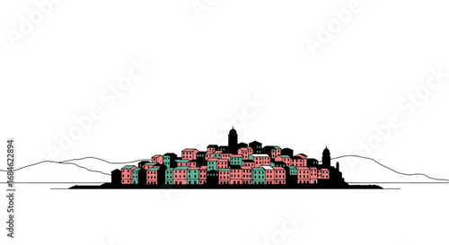 coastal italian village, seascape, hillside town, mediterranean architecture, scenic view