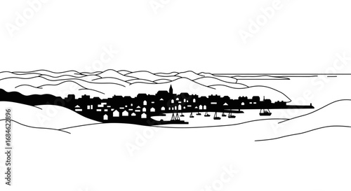 coastal town seascape hilly landscape, boats, harbor, architecture, black and white illustration