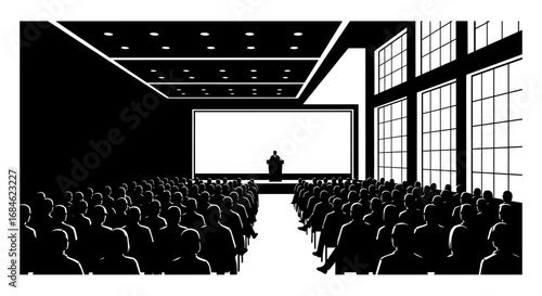 conference hall, large audience, speaker presentation, big screen, silhouettes, event, meeting, seminar, business