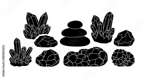 crystals, rocks, and stones zen garden, spa, nature illustration set