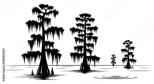 cypress trees swamp silhouette, louisiana bayou, nature illustration, dark, moody, mysterious, still water, spanish moss
