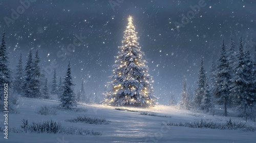 Festive Christmas tree with twinkling fairy lights in a snowy winter wonderland — frosted evergreen, sparkling ornaments, gentle snowfall, star topper, cozy holiday night scene, magical seasonal