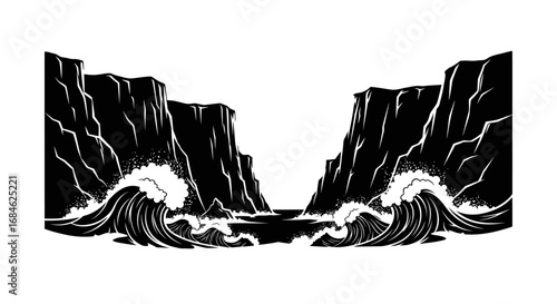 dramatic ocean waves crashing against steep cliffs, monochrome coastal landscape illustration
