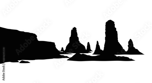 dramatic silhouette of rocky coastline, cliffs, and ocean, dark moody landscape, nature scene