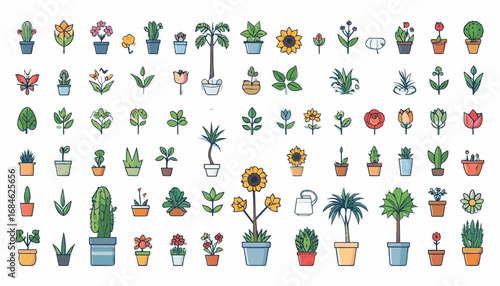 Modern flat vector plants and flowers icon set including potted plant, cactus, sunflower, rose, tulip, leaf, and tree
