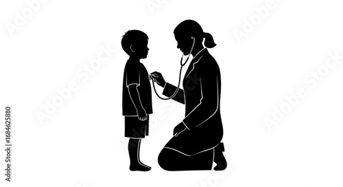 female doctor examining child patient healthcare, pediatrics, medical checkup, silhouette illustration