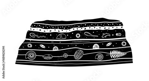 fossil layers, ammonite, trilobite, prehistoric life, rock strata, ancient, paleontology, natural history, geological illustration, black and white print