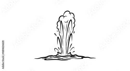 geyser eruption, water splash, hot spring, nature, volcanic activity, handdrawn illustration, black and white, simple drawing, art, cartoon style, geothermal energy, power of nature