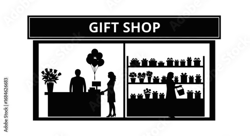 gift shop store front black silhouettes, retail, shopping, gifts, flowers