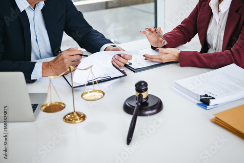 Lawyer discussing cases in professional law firm office environment