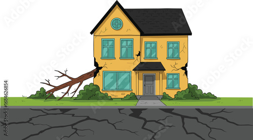 Damaged yellow house with broken windows, cracked walls, fallen tree on side, and cracked road in front, disaster aftermath.