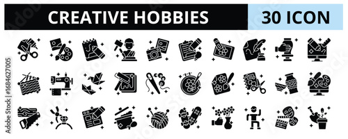 30 Creative Hobbies Glyph Icons Vector - Sketching, Sculpting, Photography, Calligraphy, Knitting, Origami, Sewing, Digital Art