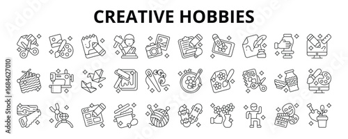 30 Creative Hobbies Line Icons Vector - Sketching, Sculpting, Photography, Calligraphy, Knitting, Origami, Sewing, Digital Art