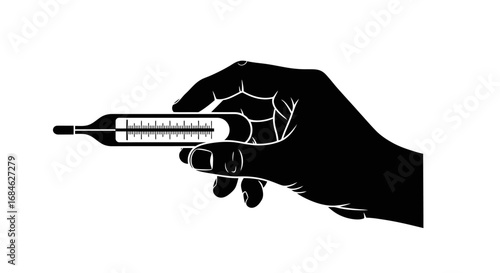 hand holding thermometer, medical symbol, healthcare, illness, temperature, fever, check, clinic, doctor, patient, silhouette, black and white, simple graphic