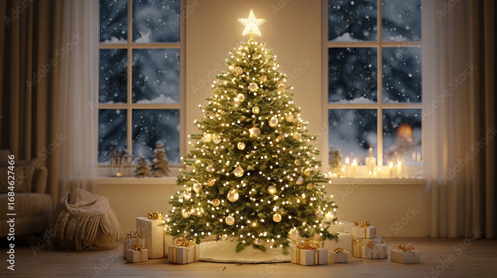 Fototapeta premium Cozy living room with festive decorated Christmas tree — sparkling star topper, warm ambient fairy lights, red-gold ornaments, soft bokeh, and neutral modern interior — elegant winter holiday home