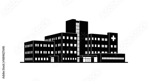hospital building silhouette medical center icon, healthcare facility illustration, black and white