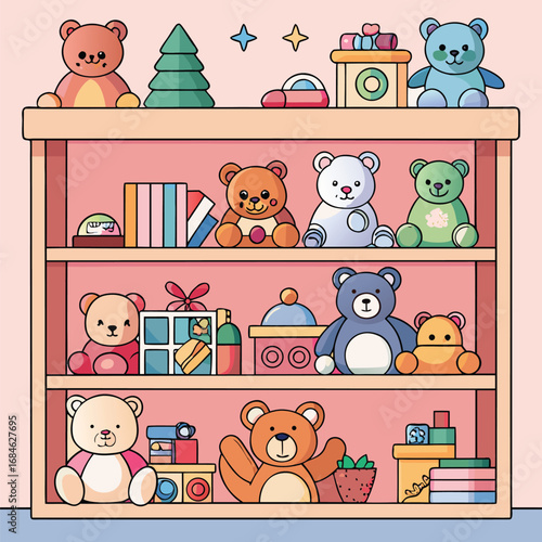 Shelves filled with colorful teddy bears and toys toy shelf