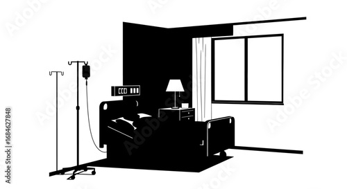 hospital room silhouette iv drip, bed, window, medical concept