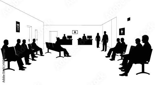 hospital waiting room silhouettes patients sitting, staff at desk, medical concept