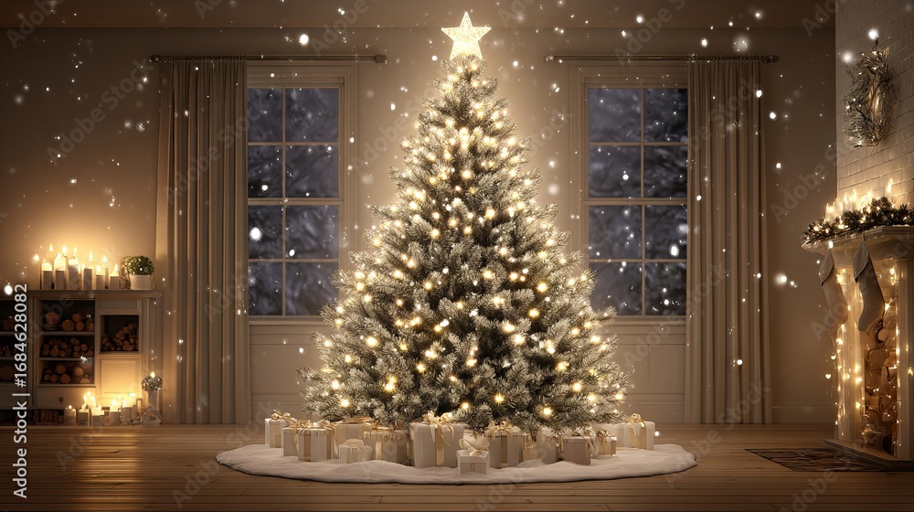 Fototapeta premium Cozy living room with festive decorated Christmas tree — sparkling star topper, warm ambient fairy lights, red-gold ornaments, soft bokeh, and neutral modern interior — elegant winter holiday home