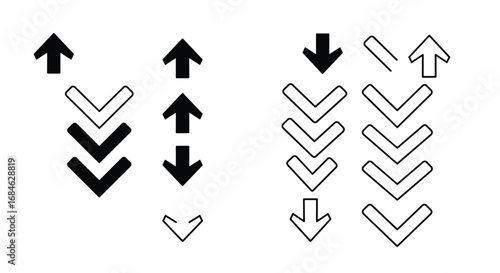 Arrows pointing up and down in a graphic design, some filled and some outlined.