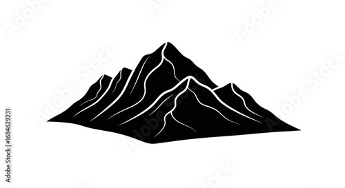 majestic black mountain peak illustration, nature icon, graphic design element, simple monochrome silhouette, peak, summit, cliff, ridge, altitude