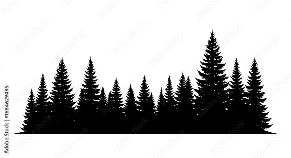 Obraz premium majestic evergreen forest silhouette, pine trees, woodland, nature, dark trees, coniferous forest, graphic design element, winter, christmas