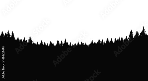 majestic evergreen forest silhouette, pine trees, nature landscape, woodland, dark trees, scenery, wood, graphic, illustration