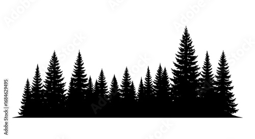 majestic evergreen forest silhouette, pine trees, woodland, nature, dark trees, coniferous forest, graphic design element, winter, christmas