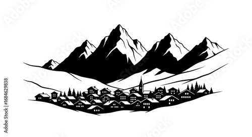 majestic mountains village black and white alpine scenery illustration