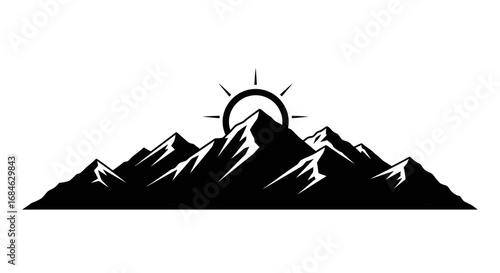 majestic mountains silhouette, sunrise peak, nature landscape, adventure graphic, climbing icon